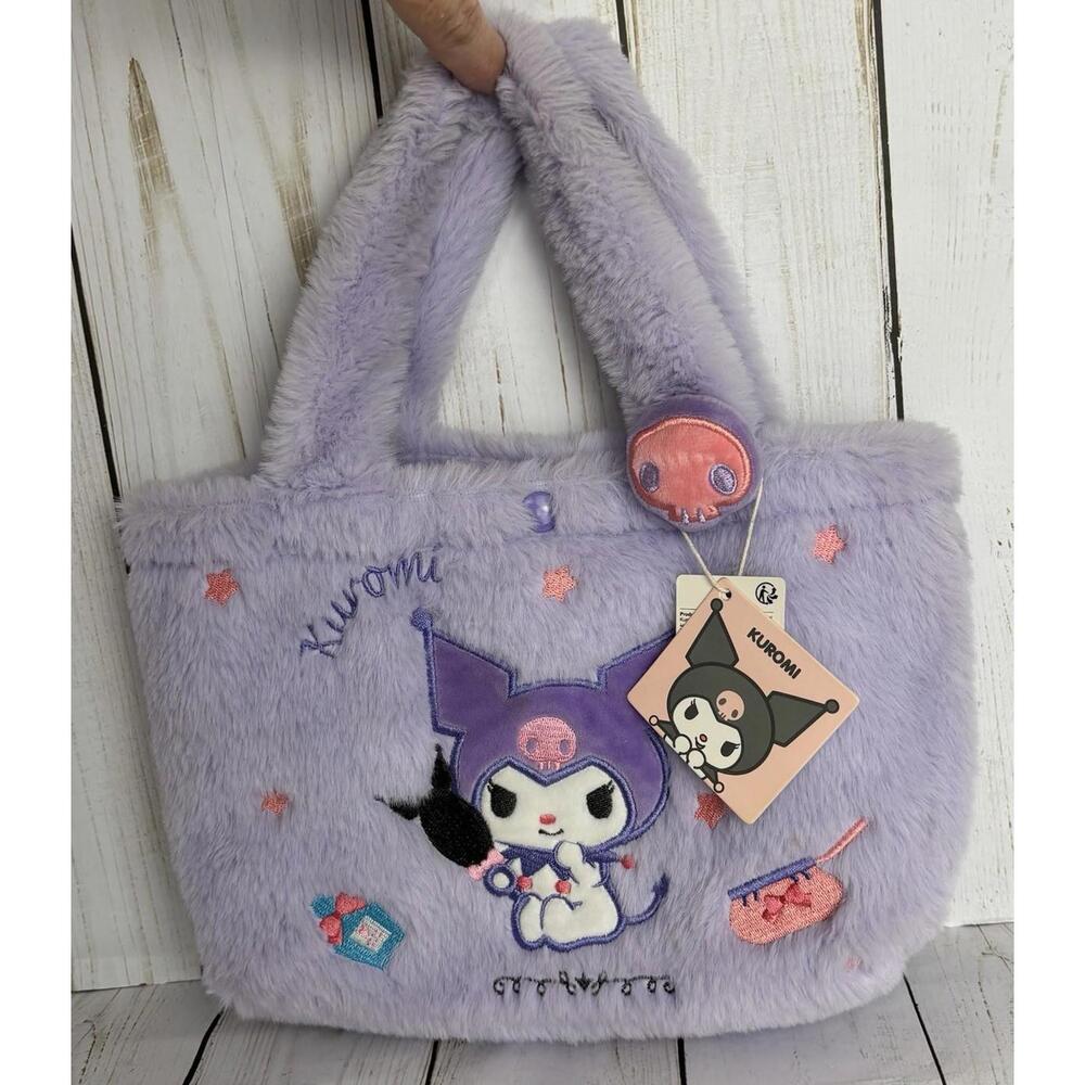 SANRIO Kuromi Purple Furry Plush Tote Handbag Button‎ Closure